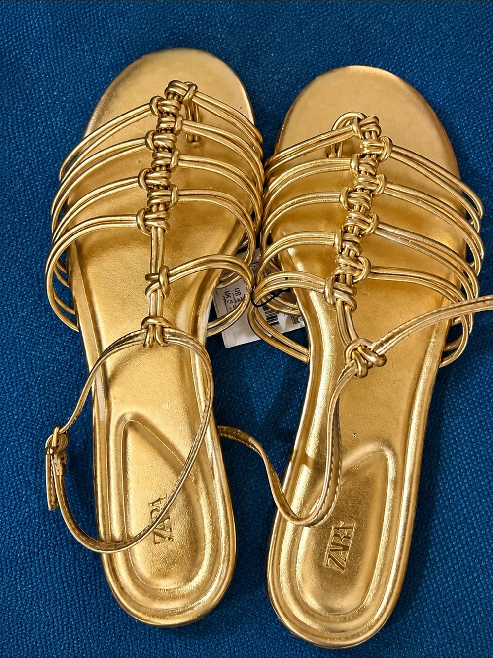 NWT Zara Gold Metallic Strappy Flat Gladiator Sandals Ankle Strap. - Picture 2 of 9